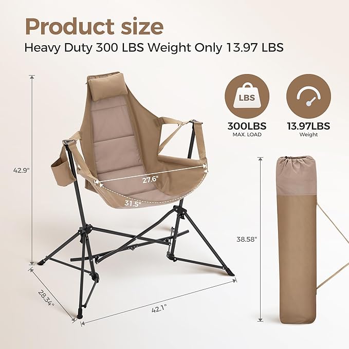 ALPHA CAMP Hammock Folding Rocking Chair with Cup Drink Holder High Back Padded Swinging Chair for OutdoorCamping LawnBackyardPicnic Steel Heavy Duty Portable Oversized(Khaki)