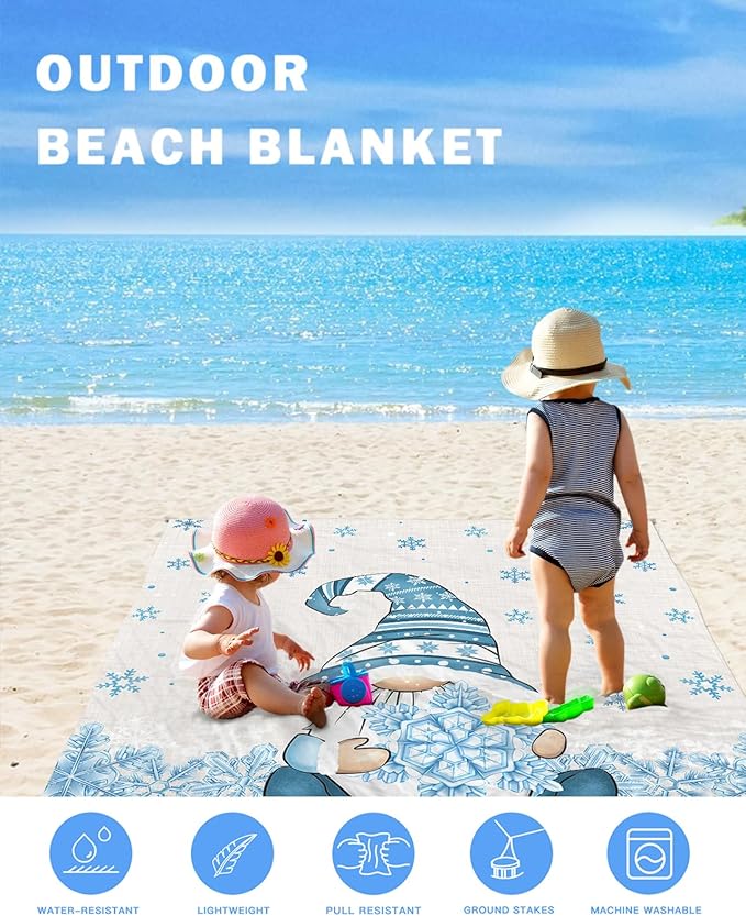Beach Blanket Waterproof Sandproof Merry Christmas Cute Farm Dwarf Quick Drying Beach Mat with 4 Stakes Blue Snowflake on Linen Lightweight Picnic Blanket for Travel Camping Outdoor 83x79