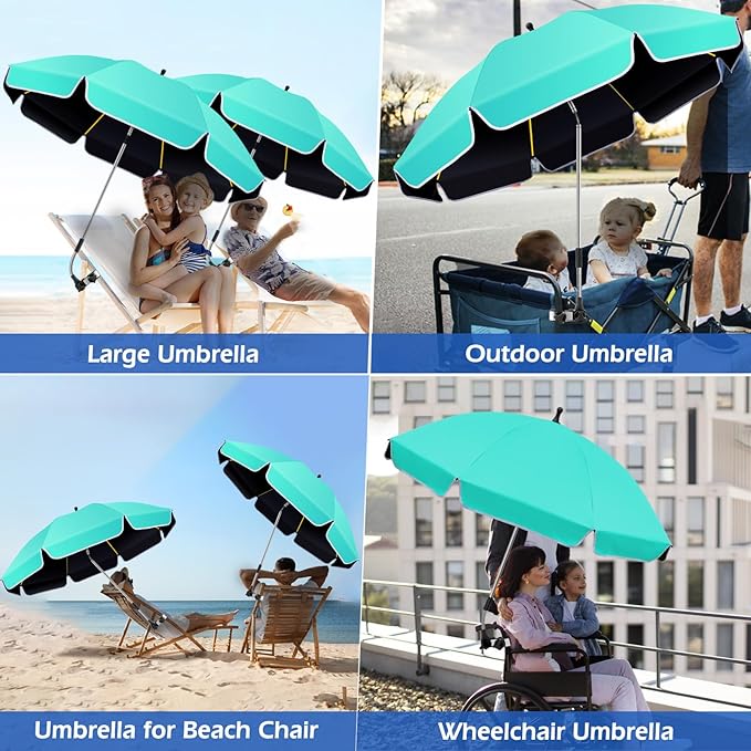 48.8 inch Large Beach Umbrella with Clamp Sun Shade for Beach Chair 360°Adjustable UV Protection Golf Umbrella with Clip for Outdoor Patio Stroller Wheelchair