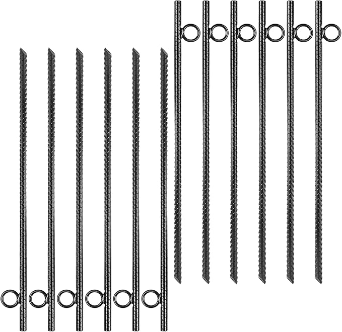 12 Pack 17 Inch Rebar Stakes Heavy Duty Ground Anchors with Loop 3/8 Thick Black Steel Tent Stakes for Trampoline Fencing Camping &amp Trees Rust Resistant Metal Spikes