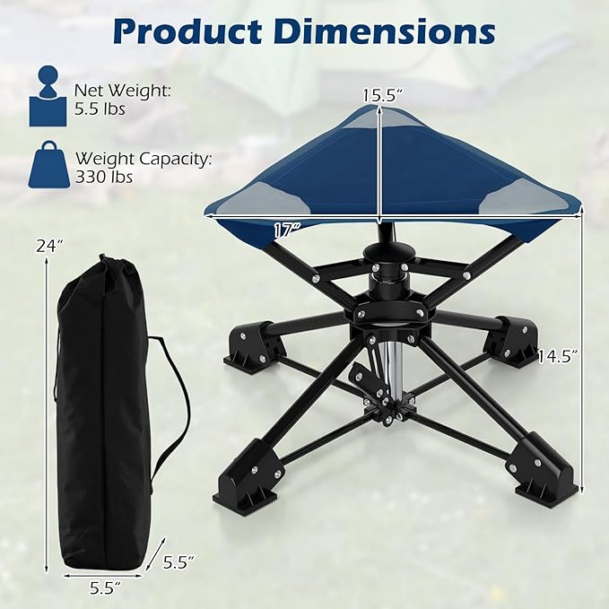 Tangkula 360°Swivel Foldable Camping Stool with Anti-Sink Feet Carrying Bag Portable Tripod Stool for Camping Fishing Hiking Gardening Beach 330 LBS Load (2 Blue)