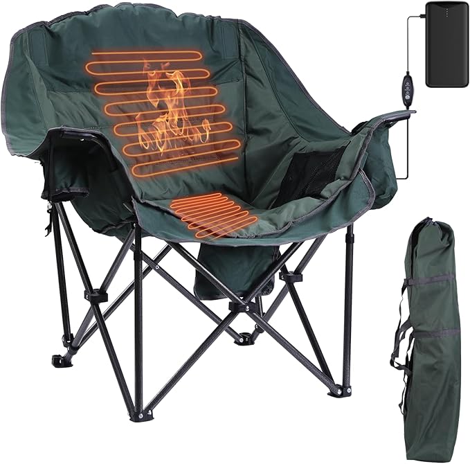 CDEN Heated Padded Chair Heated Camping Chair Heated Outdoor Chair Oversized Camping Chair with Cooler Bag Side Bag Heavy Duty Power Bank (1 Pack)