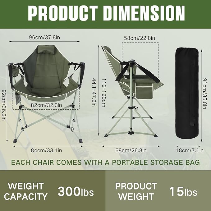 2 Pcs Hammock Camping Chair with Adjustable Backrest Heavy Duty Folding Swinging Chair Supports 300lbs Portable for Camping Travelling and Patio Green