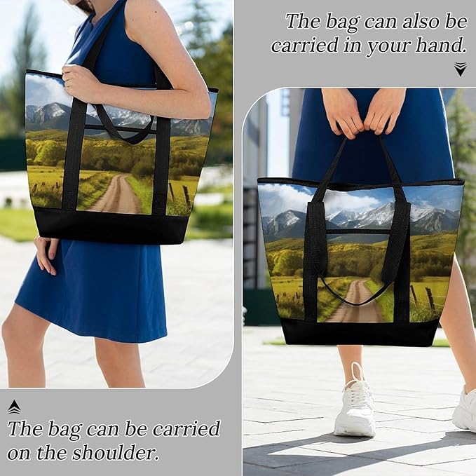 Insulated Shopping BagLarge Reusable Cooler Bags Countryside Road Printed Foldable Shopping BagTravel Waterproof Shoulder Bag