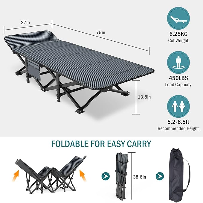 Camping Cot for Adults Folding Bed with Comfortable Cushion Tent Portable Sleeping Bed with Carry Bag for Camp Office Use Outdoor Traveling Supports 450 lbs