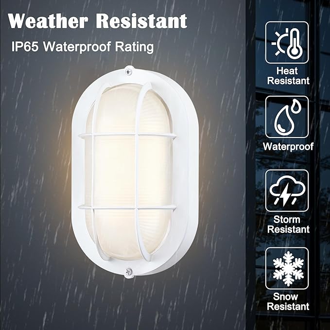 Oval Bulkhead Light Fixture Dimmable Outdoor Wall Lantern LED Nautical and Sauna Light 600 Lumen 3000K Warm White Waterproof White Aluminum with Forested Glass 1-Pack