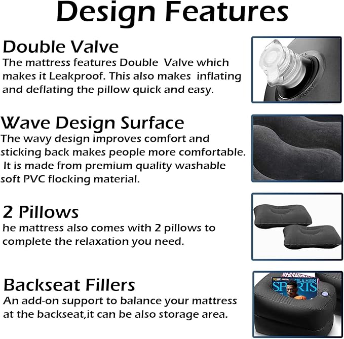 Zone Tech Inflatable Car Travel Air Mattress Back Seat- Pump Kit Premium Quality- Vacation Camping-Sleep Automotive Bed with 2 Air Pillows Car SUV Universal Fit