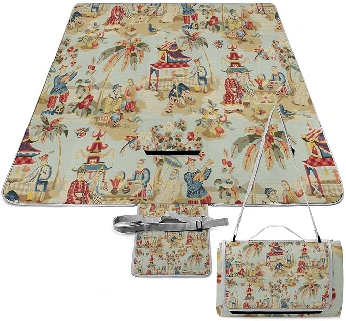Chinese Style Powder Chinoiserie Blue and White Waterproof Outdoor Picnic Blanket Sandproof Beach Mat for Camping Hiking Grass Travelling