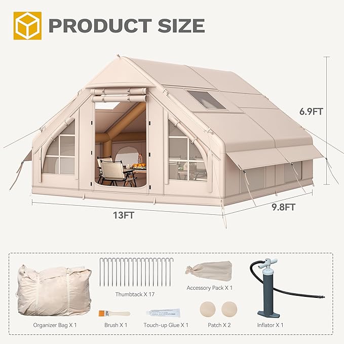 DWVO 13FT X 10FT Inflatable Camping Tents 6-8 People Inflatable House Tents with Pump Easy Setup with Explosion Proof Valve Waterproof Oxford Air Glamping for Camping