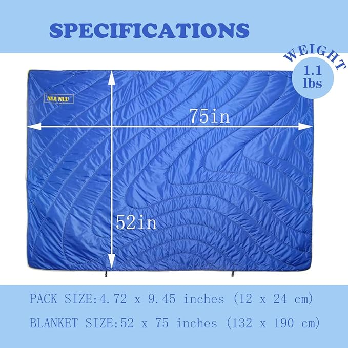 Packable Multi-Use Camping Blanket 52×75 – Lightweight Wearable Quilt Machine Washable Weather &amp Stain Resistant Easy-Pack Stuff Sack for Camping Picnic Beach Travel &amp Stadium