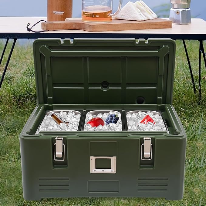 Insulated Food Pan Carrier Box with 2 Food Pans 31.7Qt Hot Cold Storage Container for Catering Camping Outdoor Picnics Green