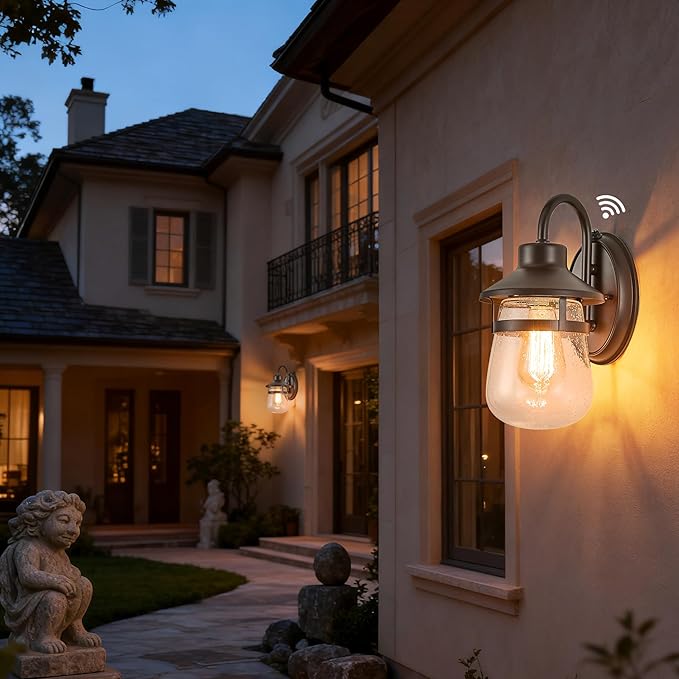 Updated Dusk to Dawn 1-Light Outdoor Wall SconceWaterproof &amp Rust-Proof and Sturdy Metal Lamp Body in Oil Rubbed Bronze Fully Sealed Clear Seeded Glass ShadeBulb Not Included