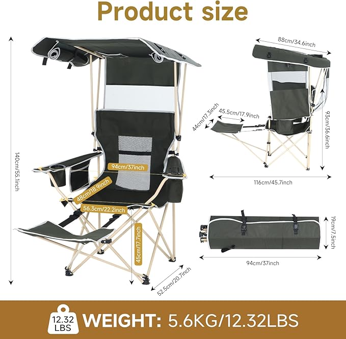 CDEN Canopy Chair Chair with Shade Umbrella Chairs Foldable Camping Chairs with Detachable Footrest Cooler Bag Cup Holder for Camping Picnic Sports Patio Traveling (1 Pack)