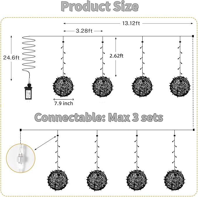 Outdoor Christmas Balls Lights 4 Pack Hanging 7.9 LED Garden Sphere Tree Lights 8 Modes Waterproof Glow Globe Light with Memory Timer Plug for Yard Porch Eave Patio Home Bedroom Decoration-Cool White