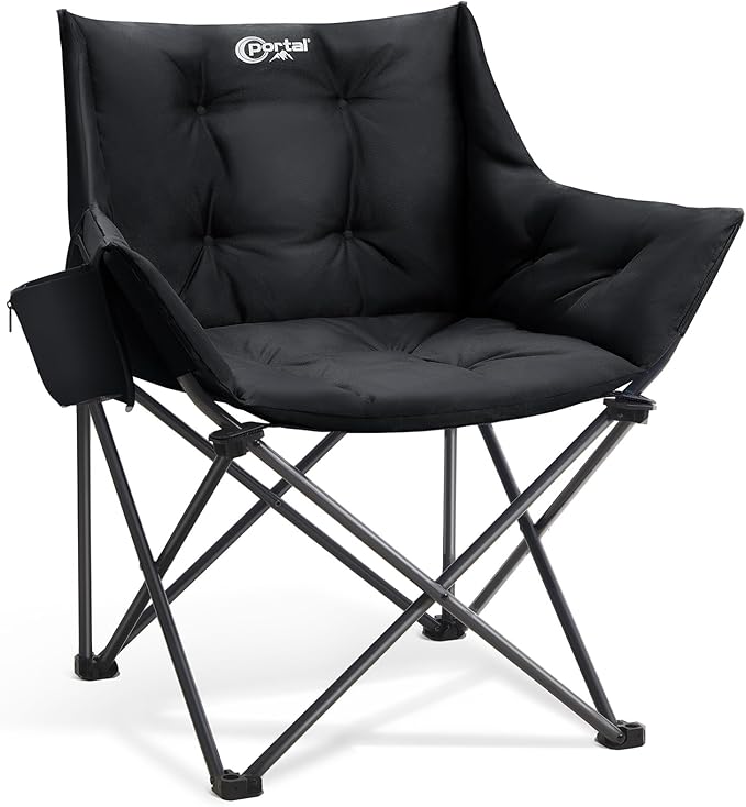 Portal Oversized Padded Camping Chair - Heavy Duty Folding Chair with Cup Holder &amp Side Pocket Supports 330 lbs for Camping Lawn Sports Black