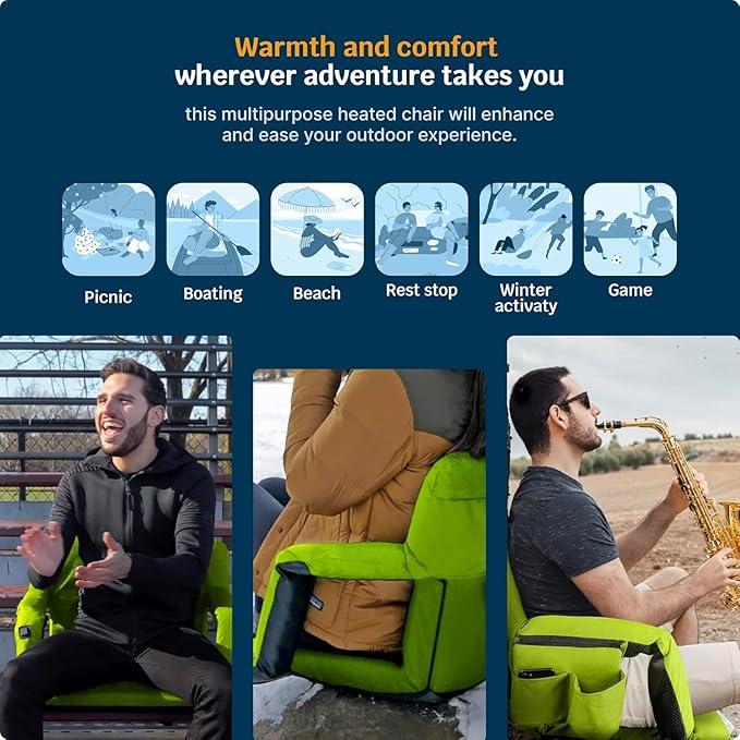 Alpcour Heated Reclining Stadium Seat for Bleachers – Wide Bleacher Chair with Back Support and Cushion Armrests Side Pockets &amp Hook – Stadium Seats Chairs for Camping Kayak Paddle Board &amp