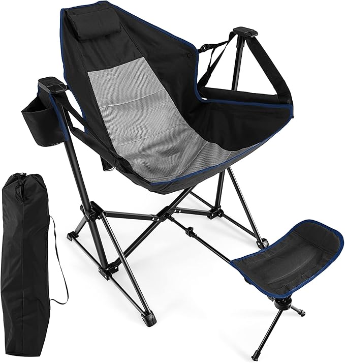 Giantex Outdoor Hammock Camping Chair - Rocking Chair with Removable Footrest Adjustable Backrest Pillow Cup Holder Storage Bag Portable Fishing Chair for Poolside Patio Folding Chair (1 Black)