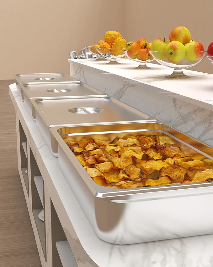 6 Pack Full Size Hotel Pans 4 Inch Deep with Lid 304 Stainless Steel Steam Table Anti-Jam Commercial Food Pans for Steam Tables Restaurants Catering &amp Industrial Use