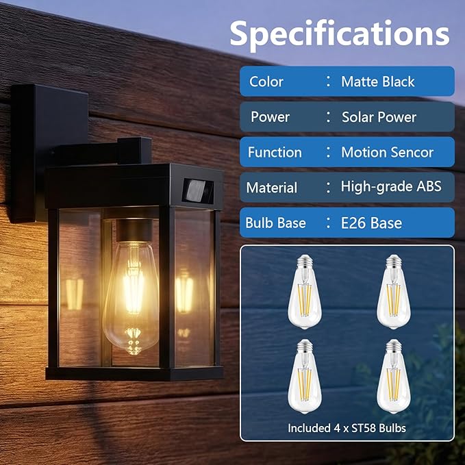 Solar Wall Lights Outdoor Set of 2 Solar Porch Lights with 3 Lighting Modes &amp Motion Sensor Dusk to Dawn Solar Porch Sconces Wall Sconce Lantern Light Fixture Black Wall Lamps for Patio Front
