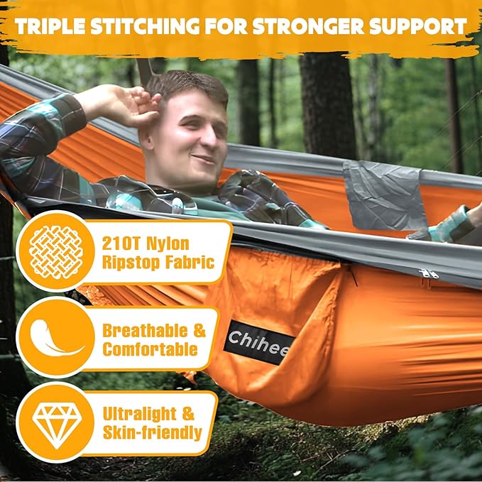 Chihee Ultra-Light Travel Camping Hammock Pop-up Net Hammock 660lbs Load CapacityBreathableQuick-Drying Parachute Nylon 2 Premium Carabiners2 Tree Slings Included for Outdoor Backpacking Hiking
