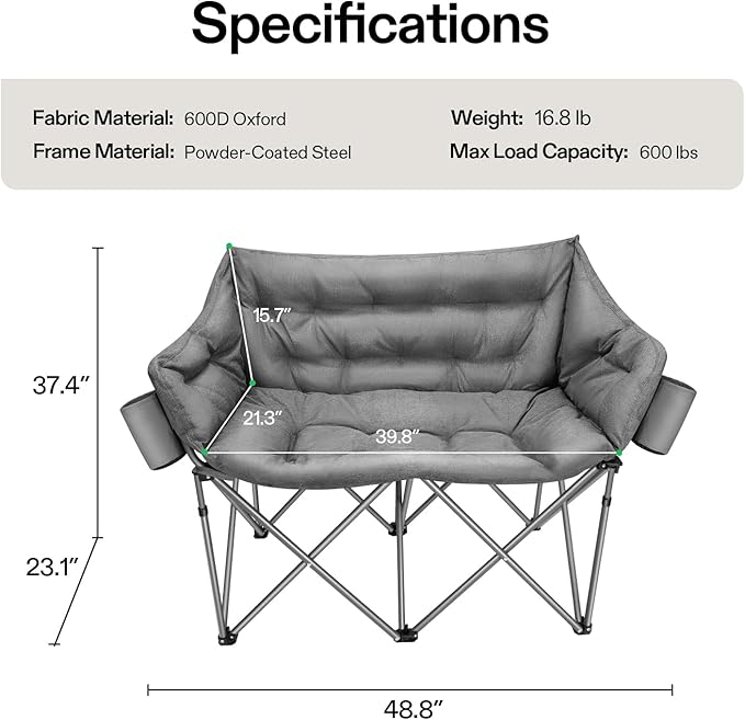 VIVOSUN Double Camping Chair Fully Padded Folding Loveseat Oversized Duo Chair with Cup &amp Wine Glass Holders Pocket Armrests &amp Carry Bag