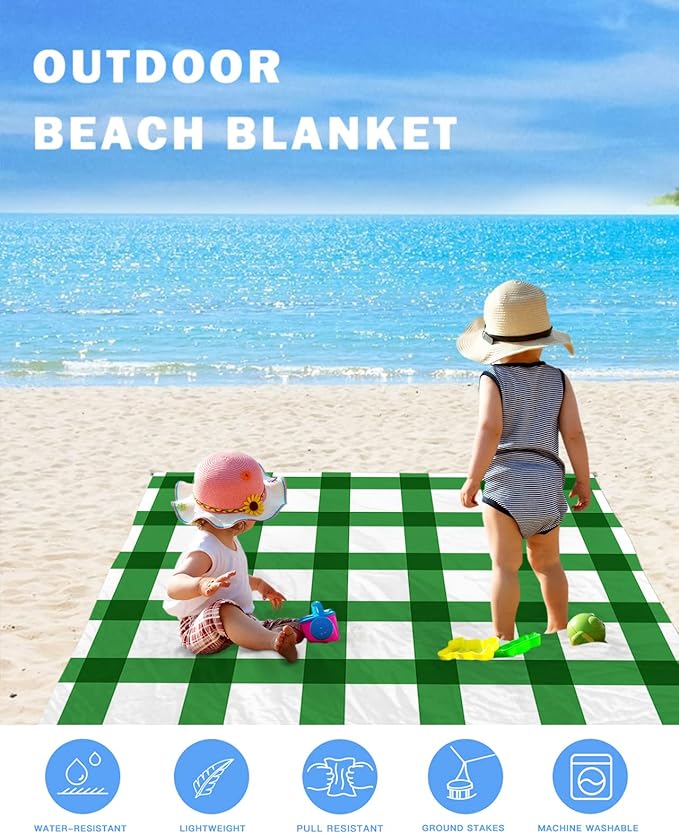 Beach Blanket Waterproof Sandproof St Patrick's Day Green Stripe Lattice Quick Drying Beach Mat with 4 Stakes Classic Buffalo Checker on White Lightweight Picnic Blanket for Travel Camping 83x79