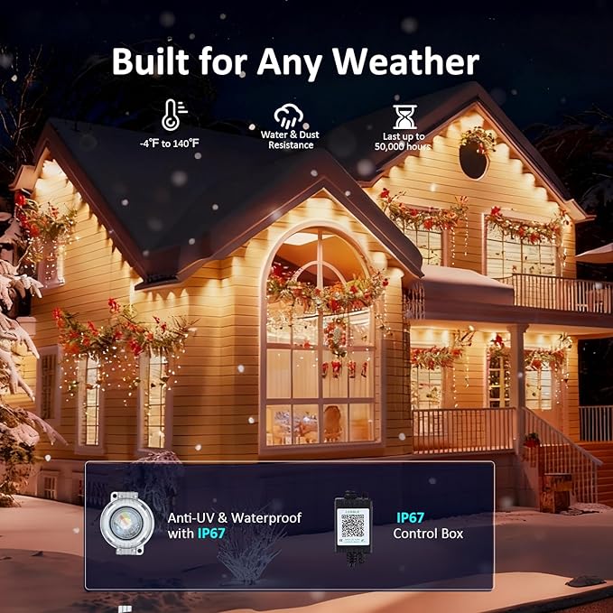 RGB Permanent Outdoor Lights 300FT LED Eaves Lights with Smart App Remote Control IP67 Waterproof Music Sync Timing Function for Christmas Party All Holiday Decorations