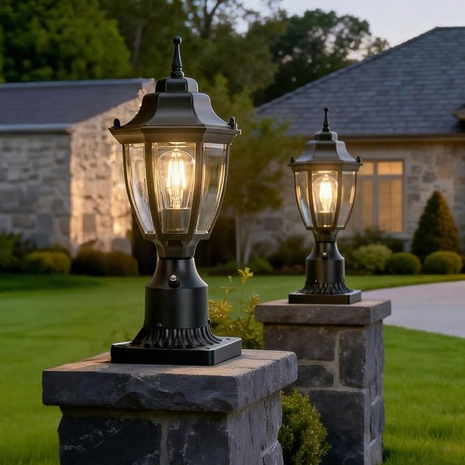 Dusk to Dawn Outdoor Post Lights Waterproof Aluminum Black Post Lamp Fixture Anti-Rust Posts Outdoor Light Lantern for Yard Patio Garden Pathway