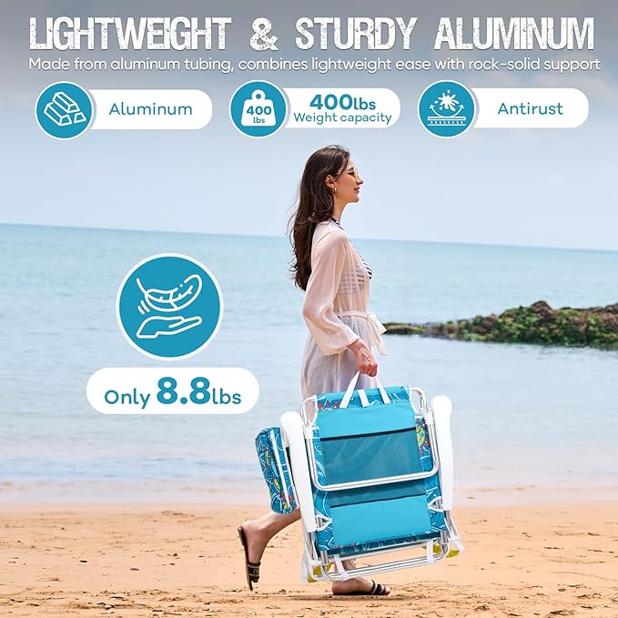 Old Bahama Bay Backpack Beach Chair Aluminum Lightweight Reclining 5-Position Lounge Chair for Adults Heavy Duty Support 400 LBS Portable Folding with Cooler Bag Camping Chair for Sand Outdoor