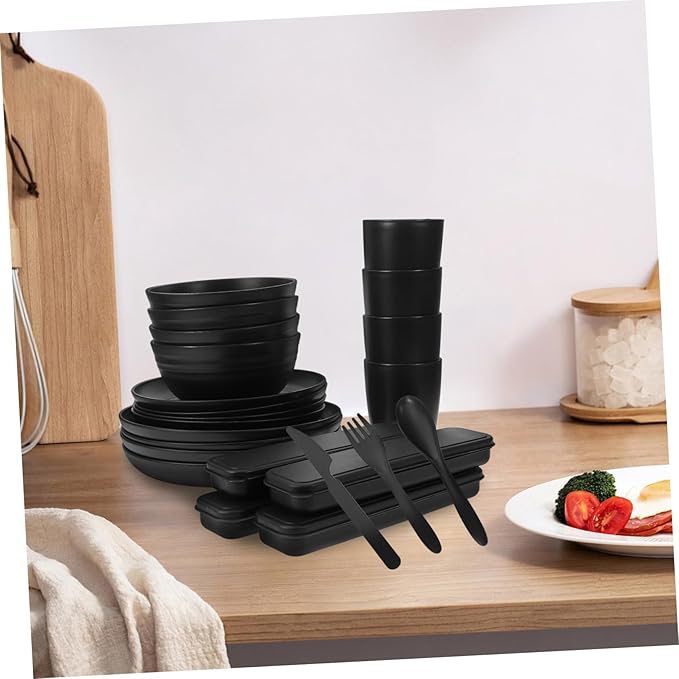 4sets Black Picnic Camping Utensil Set Cutlery Case Bowl Plate Cup Rv Dishes Dish