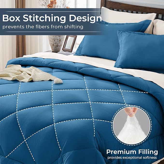 HEVUMYI Teal Blue &amp Ivory Queen Comforter Set - 7-Piece All Season Bed in a Bag Queen Ultra Soft Bedding Set with Comforter Flat Sheet Fitted Sheet Pillowcases Pillow Shams Teal Blue &amp I