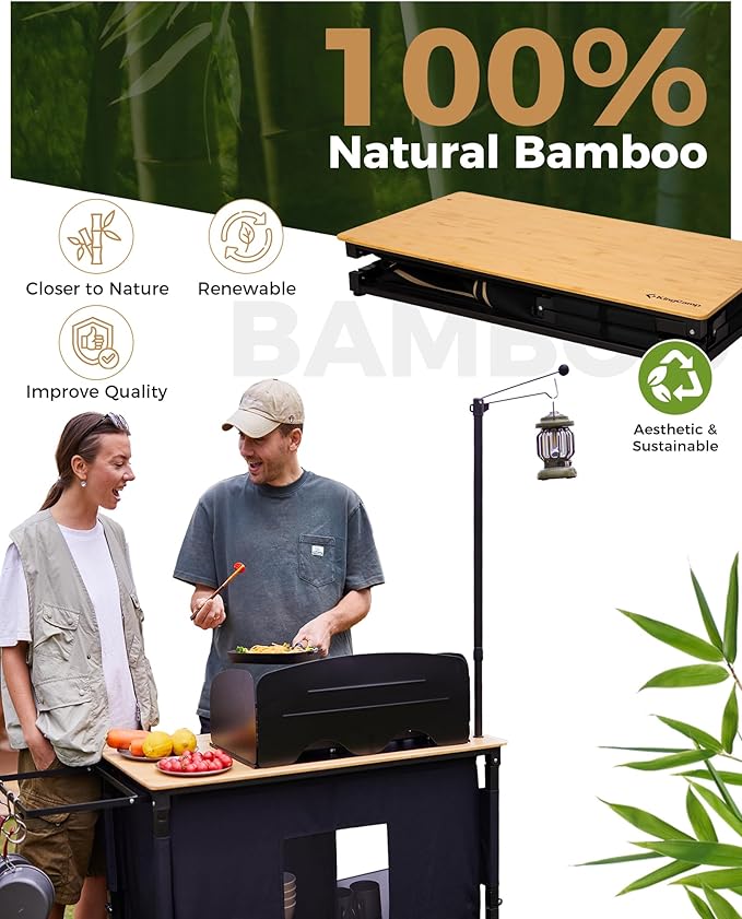 KingCamp Bamboo Camp Kitchen Station Folding Overland Camping Kitchen Table Hooks Portable Outdoor Cooking with Adjustable Lantern Pole &amp Windshield Storage Organizer for Tailgating BBQ Picnic RV