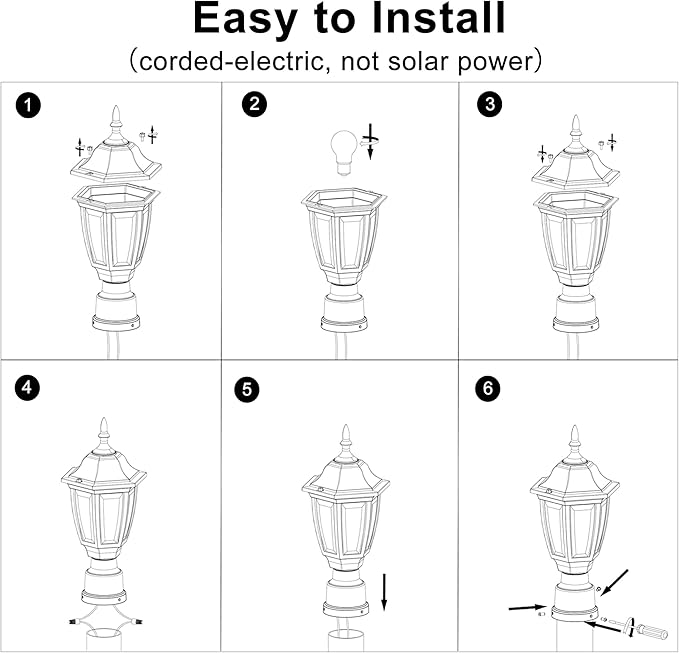 FUDESY Outdoor Post Lights Electric Exterior Lamp Post Light Fixture with Pier Mount Base LED Bulb Included Anti Corrosion Black Plastic Materials Pole Lanterns for Garden Patio Pathway