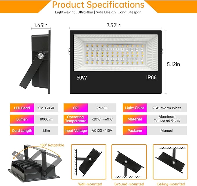LED Flood Light Outdoor 500W Equivalent 5000LM Smart RGB Landscape Lighting with APP Control DIY Scenes - Timing - Warm White 2700K - Color Changing Uplight IP66 Waterproof 43 Modes (4 Pack)