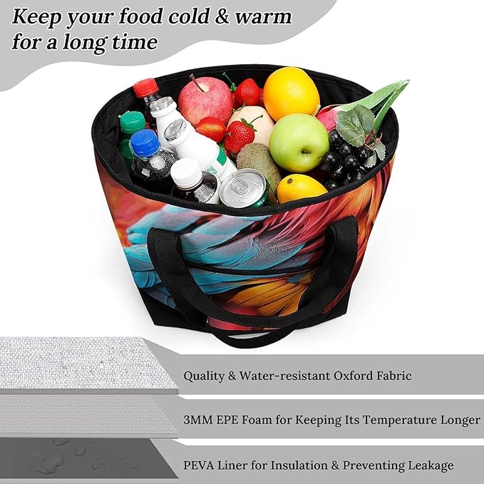 Insulated Shopping BagLarge Reusable Cooler Bags Colorful Feathers Printed Foldable Shopping BagTravel Waterproof Shoulder Bag
