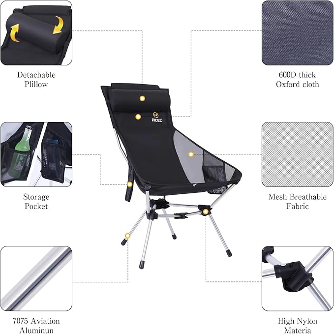 Nice C Ultralight High Back Folding Camping Chair Collapsible Backpacking Chair Compact &amp Heavy Duty Outdoor Travel Picnic Festival with 2 Side Pockets Pillow &ampCarry Bag (Set of 2 Black)