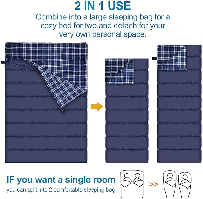 AGEMORE Cotton Flannel Double Sleeping Bag for Camping Backpacking Or Hiking. Queen Size 2 Person Waterproof Sleeping Bag for Adults Or Teens. Lightweight with Compression Sack