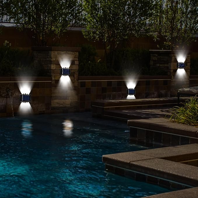 8 Pack Solar Wall Lights for Outside 6000K Cold Solar Fence Lights Up and Down LED Autumn Outdoor Decorative Waterproof Lamps Dusk to Dawn LED Lighting Wall Sconces for Outside Deck Garage