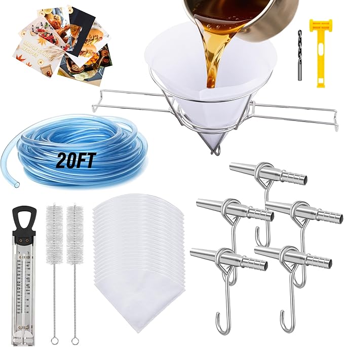Maple Syrup Tree Tapping Kit with 5 Stainless Steel Maple Tap Spiles &amp Maple Syrup Cone Filter Holder Stand with Thermometer