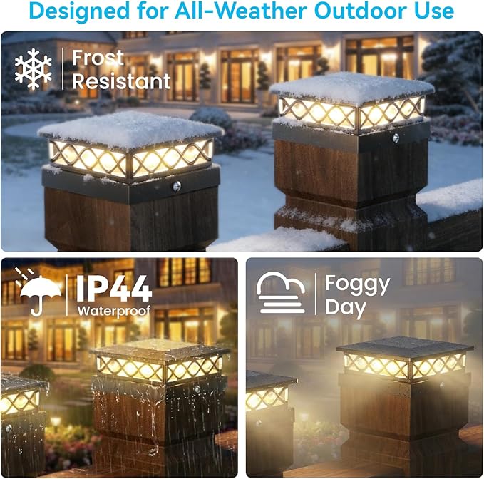 8 Packs Solar Post Cap Lights for Fence and Deck – Auto On/Off Outdoor Lighting 2 Color Modes with 16 LEDs Fits 4x4 5x5 6x6 Posts (Black)