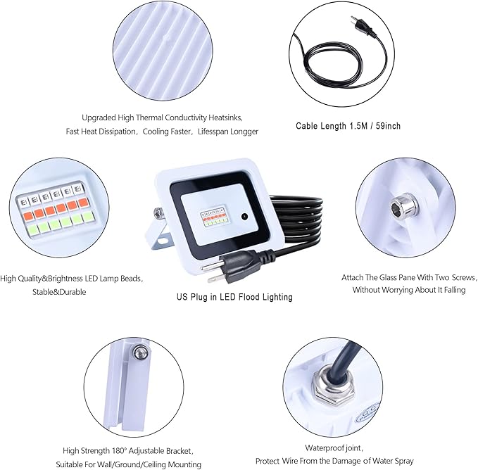 MIWAT 20W 2Pack LED Flood Light Plug in RGB LED Color Changer Lamp with Remote IP68 Waterproof Outdoor Floodlights for Wedding Garden Playground Party