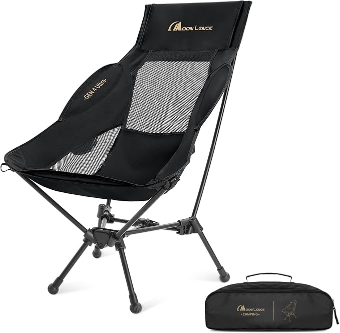 MOON LENCE High Back Folding Camping Chair 330lbs Portable Compact Chair with Wide Seat &amp Ergonomic Back Support (Black)