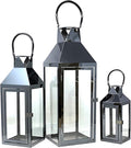 Allgala 3-PC Lantern Set 24 Inch Jumbo Deluxe Modern Indoor/Outdoor Candle Lantern Set Black Stainless Steel Frame Tempered Glass Pyramid Top for Garden Poolside Fireplace Wedding