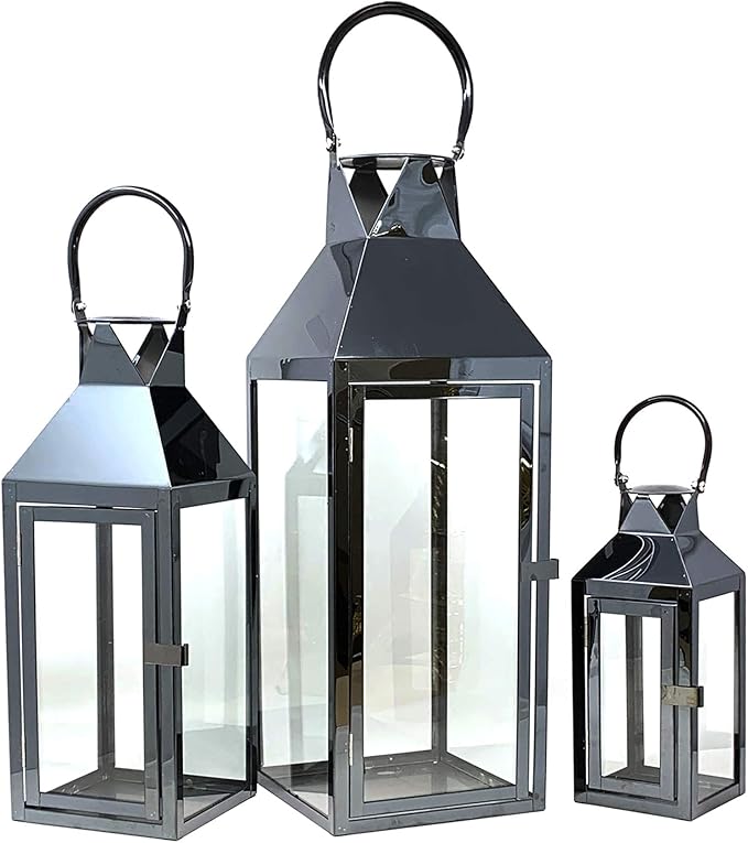 Allgala 3-PC Lantern Set 24 Inch Jumbo Deluxe Modern Indoor/Outdoor Candle Lantern Set Black Stainless Steel Frame Tempered Glass Pyramid Top for Garden Poolside Fireplace Wedding