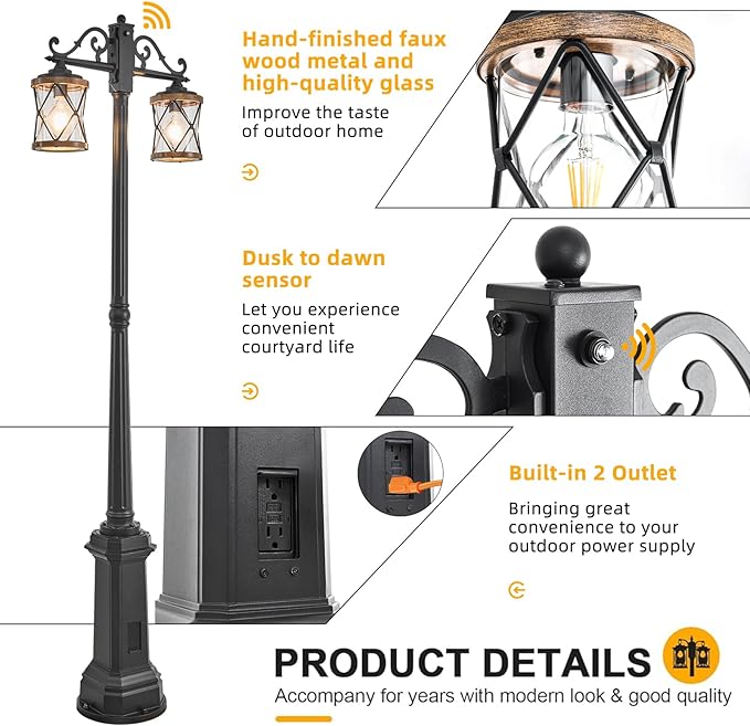 Dusk to Dawn Outdoor Lamp Post Lights with GFCI OutletDouble-Head Farmhouse Street Light FixtureAluminum Black Pole Exterior Lights Waterproof Lantern Outdoor Lighting