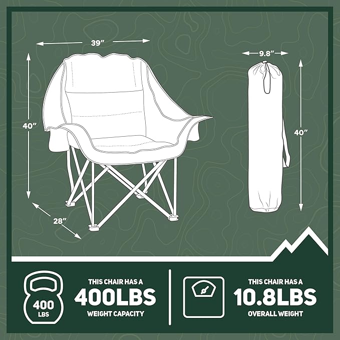 OUTSIDER Oversized Camping Chair Comfort Padded Lounge ChairOutdoor Camp Folding Chair Balcony Lounge 400lb Capacity