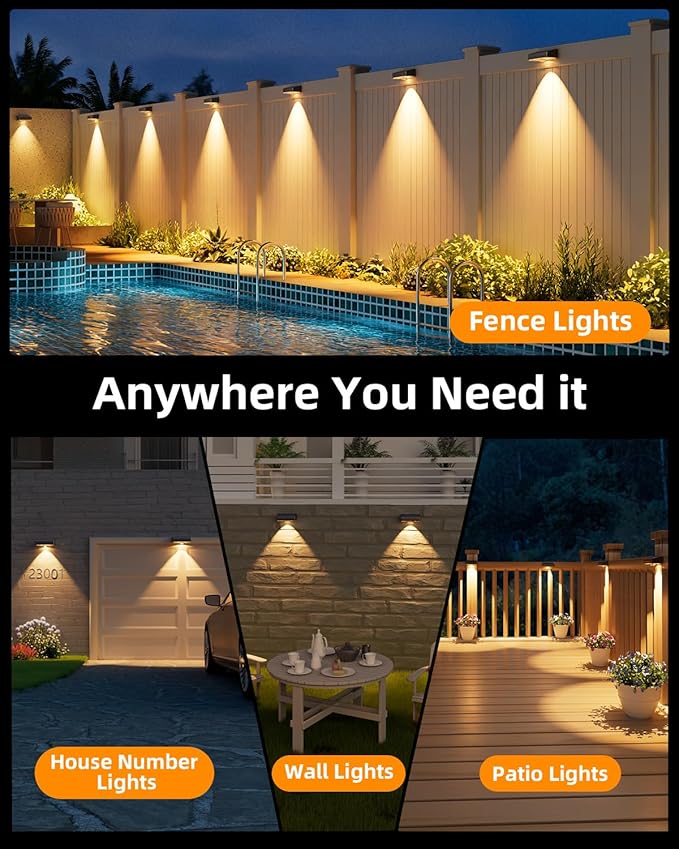 Solar Fence Lights Outdoor 8 Pack 50LM Ultra Bright 3 Color Temperatures &amp RGB IP65 Waterproof Dusk-to-Dawn Solar Powered Fence Lights for Patio Railing (Black)