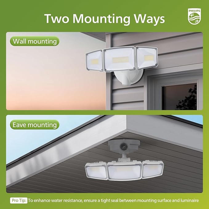 Philips 72W 7400LM LED Flood Lights Outdoor Dusk to Dawn Aluminum Security Lights 3 Adjustable Heads Wall Mount 5000K Daylight Waterproof for Yard Garage