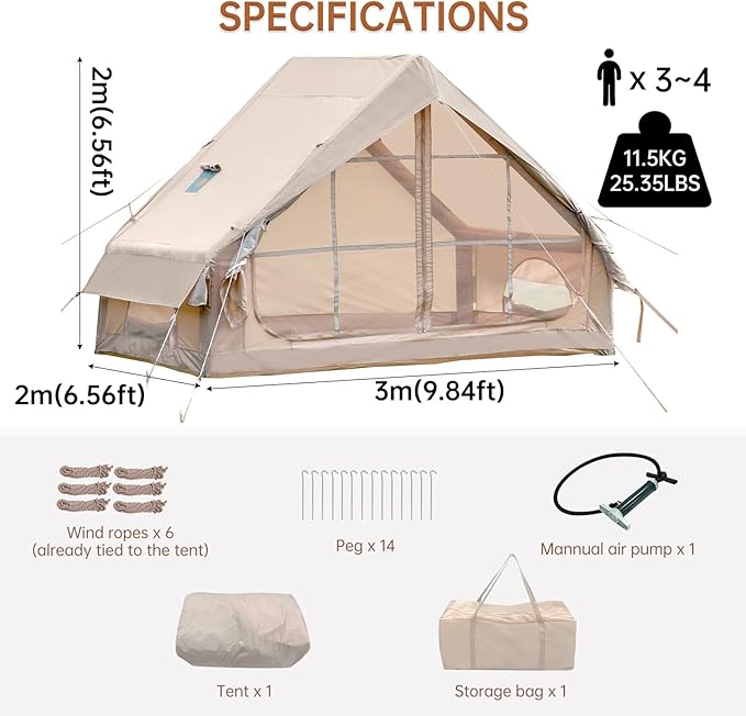 Inflatable Camping Tent with Hand Pump Waterproof Outdoor Blow up Tent 2-8 Person Oxford 4 Season Glamping Air Tent Cabin House with Mesh Windows &amp Door