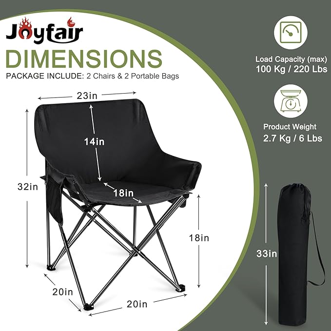 Joyfair Outdoor Camping Chair for Adult Large Portable Folding Moon Chairs with Carry Bag for Patio Beach Fishing Lawn and More Outdoor Sports 600D Oxford Fabric &amp Heavy Duty Steel (2 Black)